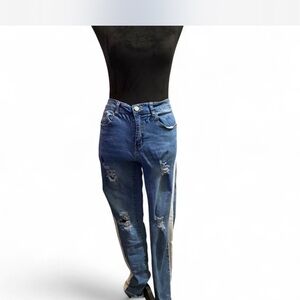 Blue and White Straight Leg Jeans with Distressed Details